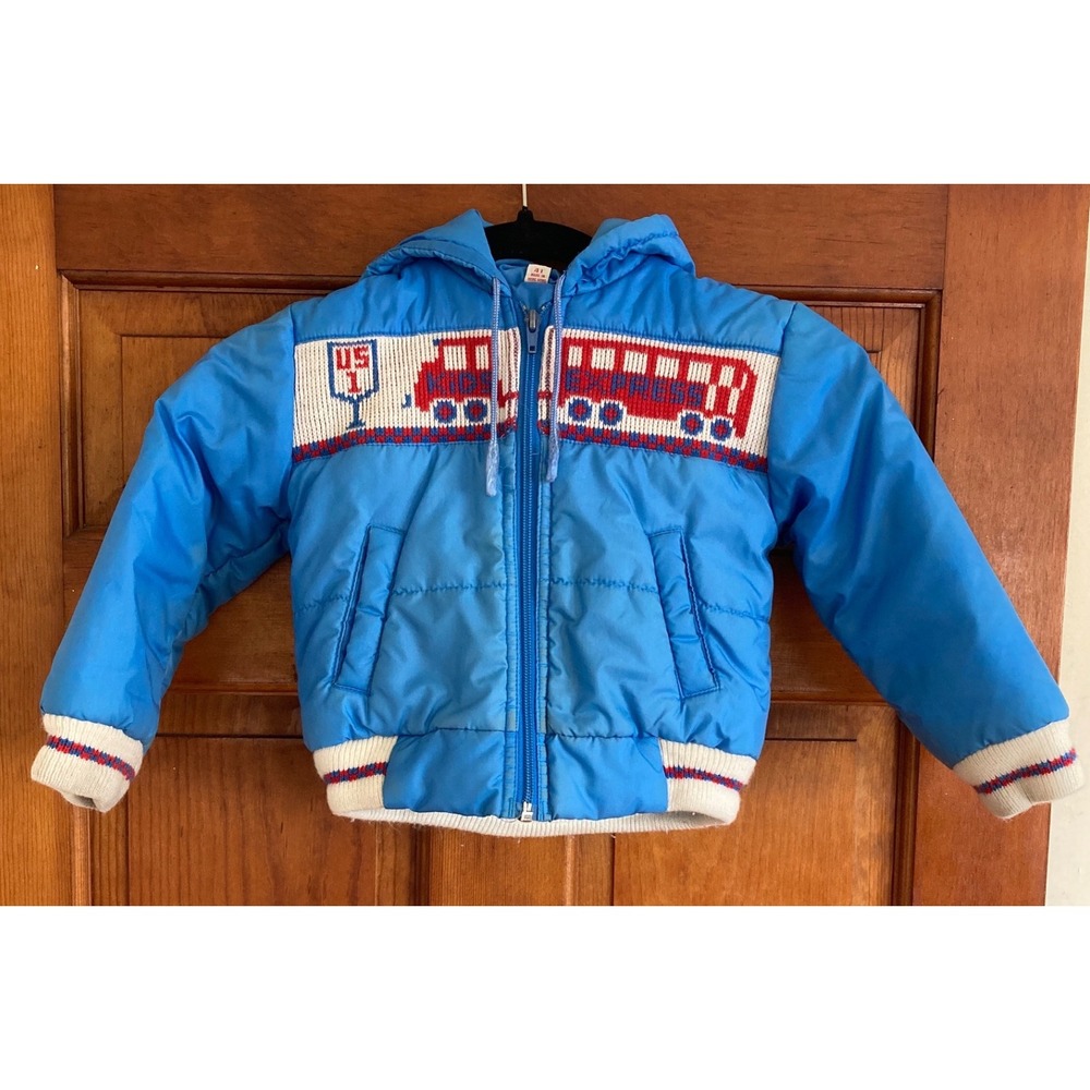 Vintage Toddler 4T Blue Puffer Jacket Bus Graphic Hooded Bomber 80s Kids Express